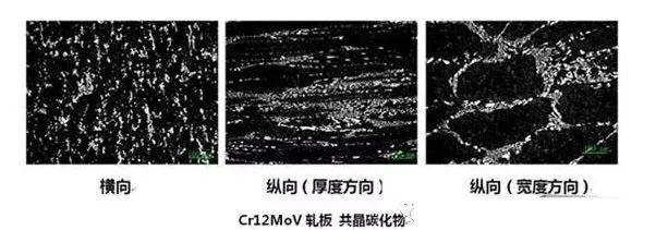 Cr12MoV軋板不同方向共晶碳化物的形態的金相圖 Cr12MoV軋板不同方向共晶碳化物的形態的金相圖